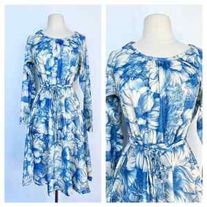 1970s Blue Floral Boho Dress Medium